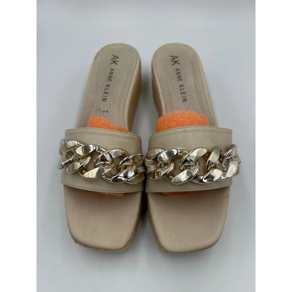 Anne Klein AK iFlex Cream Chain Link Platform Espadrille Slide Sandals Womens 9